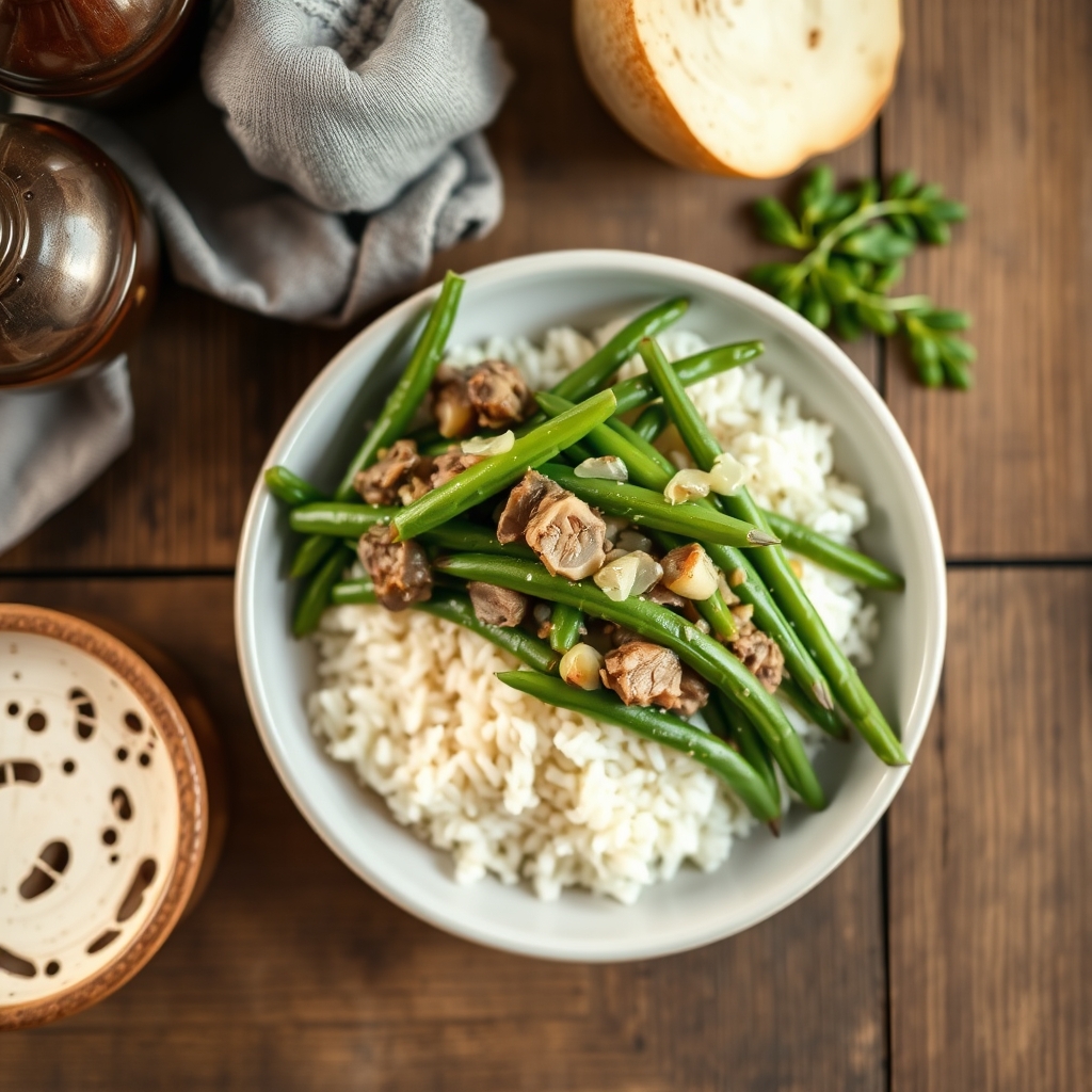 Green Beans With Meat Served Over Rice