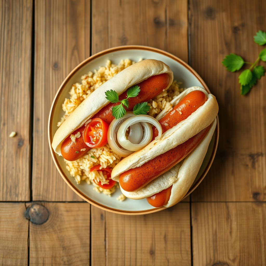 Hot Dogs With Fried Rice And Tomatoes