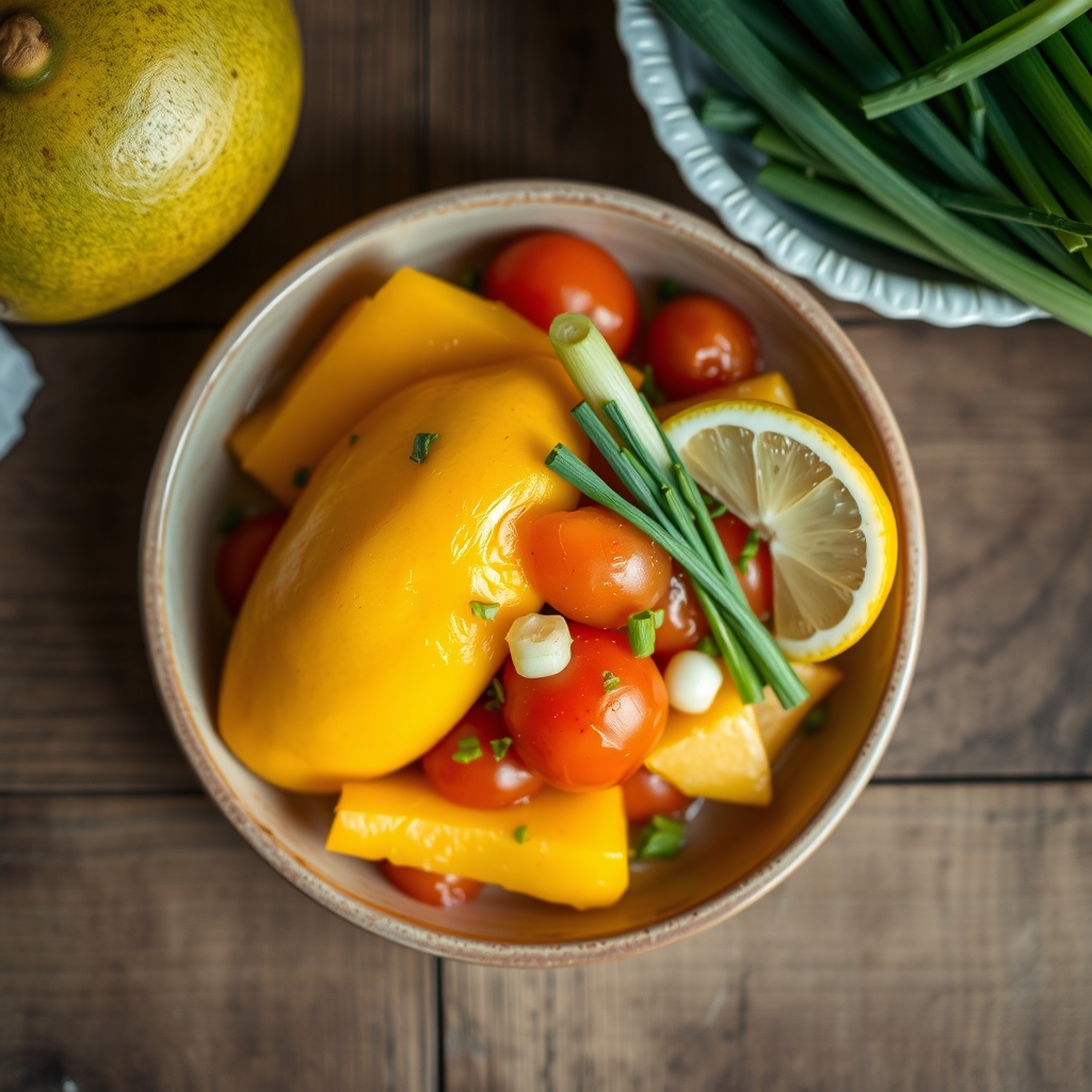 Mango With Tomatoes And Scallions Or Leeks