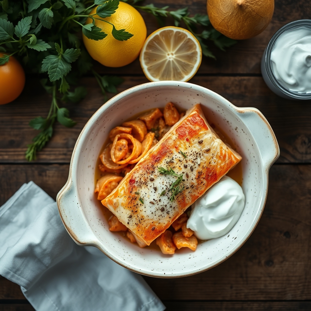 Salmon Casserole Baked In Sour Cream